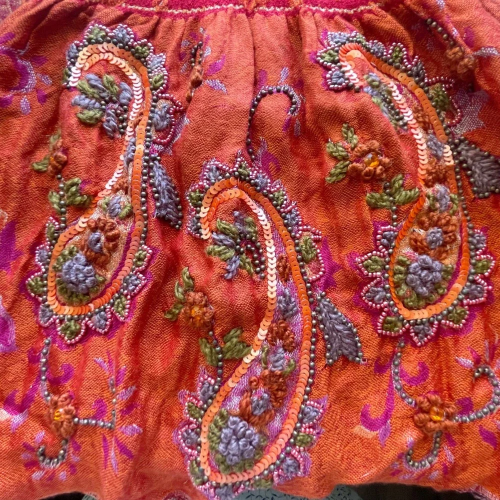 Tolani 100% Pure Silk Scarf Pink Orange Paisley Embroidered Sequin Beaded Fringe